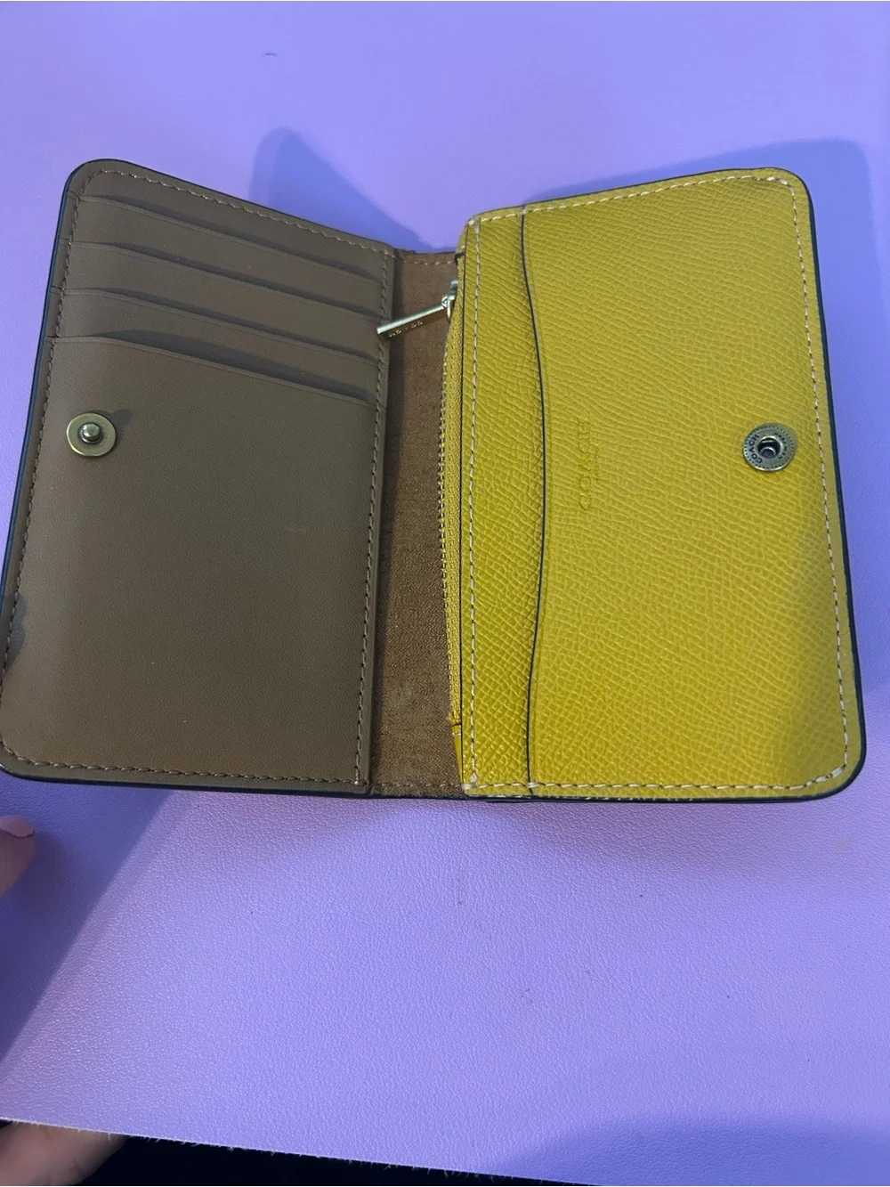Coach Yellow Leather Compact Wallet with Gold 'C' Accent